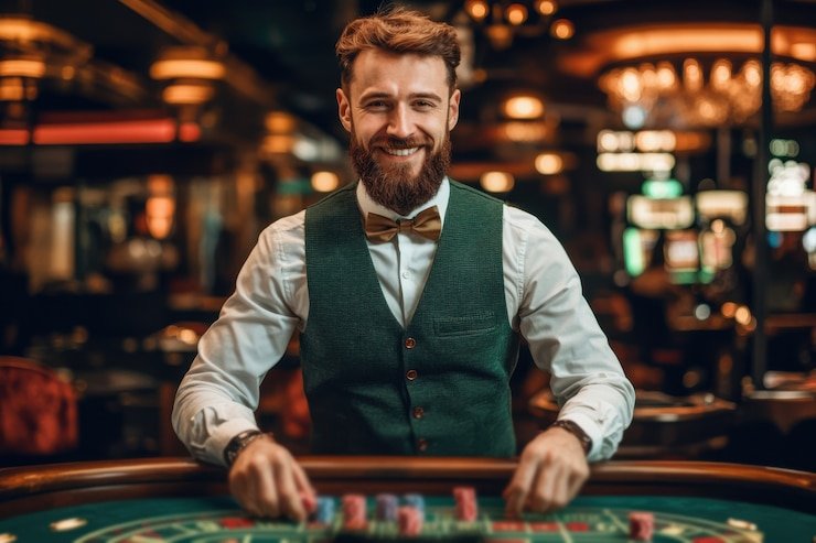 Dealer langsung di studio Lightning Baccarat wahana138 sedang membagikan kartu